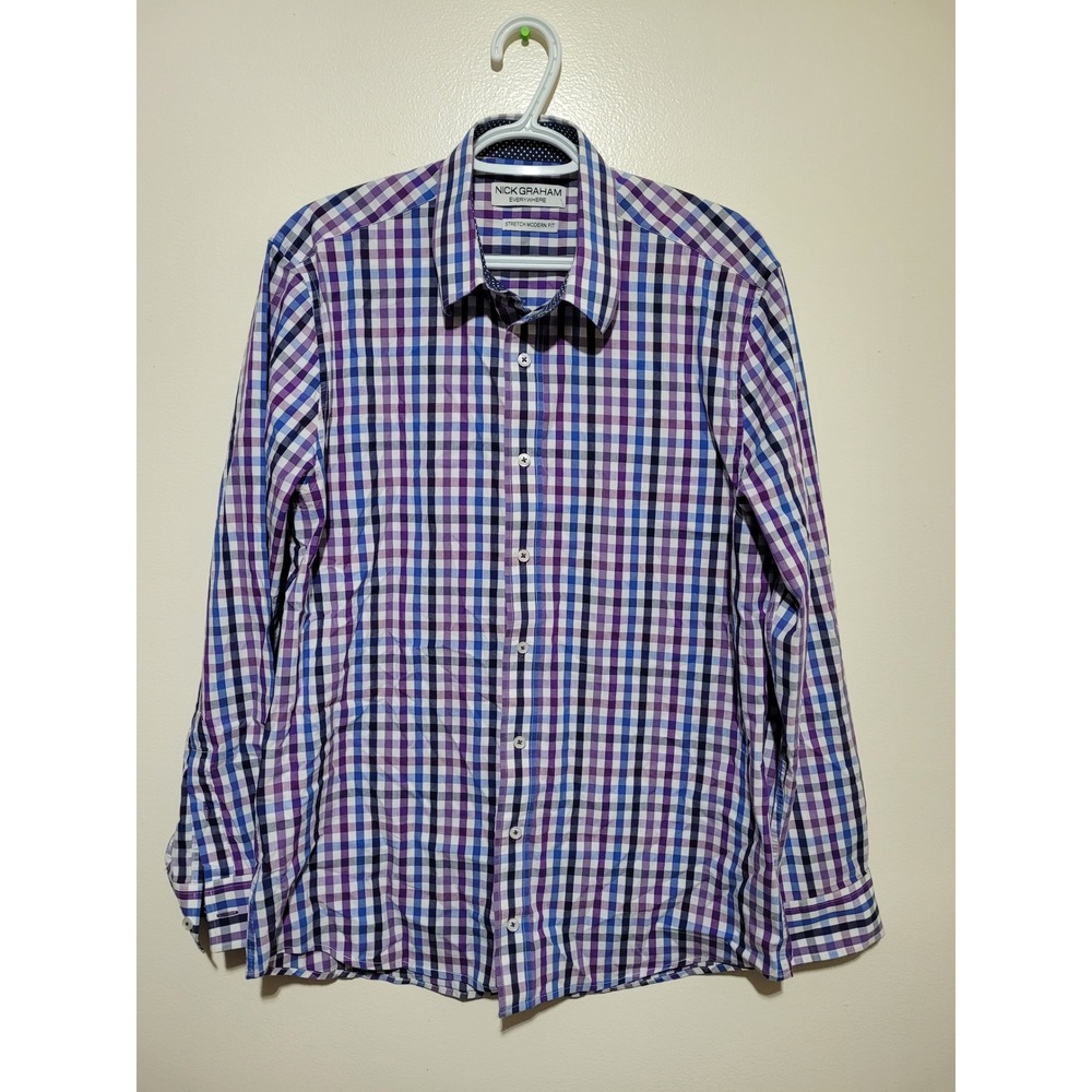 Nick Graham Button Down Shirt Mens L Purple Blue Gingham Stretch Modern Fit‎
